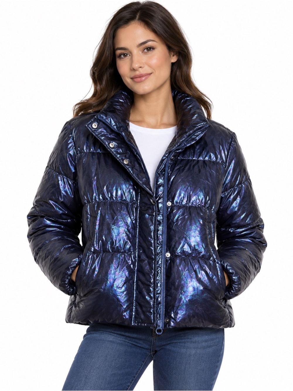 Noize Cruelty-Free Outer Wear Cropped Puffer Quilted Blue Iridescent Jacket Sz L